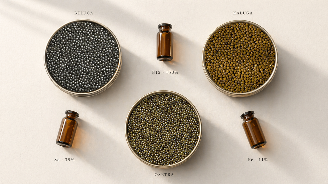 Bowl of cacio e pepe pasta topped with dark caviar on a simple wooden table