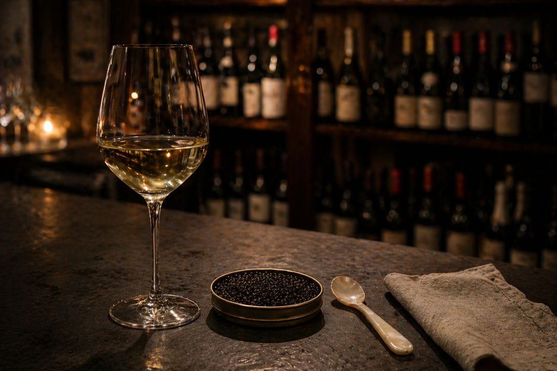 Wine glass beside an open tin of caviar on a dark bar counter, evening light